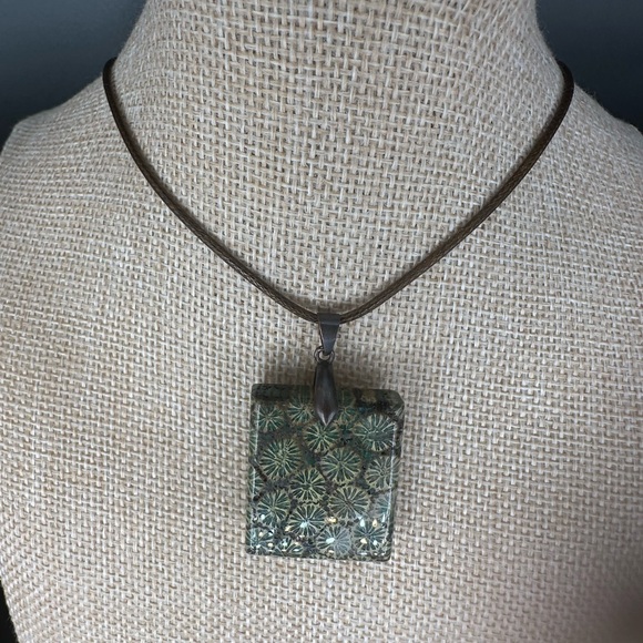 Green and Brown Coral Fossil Square Pendant Necklace on Brown Rope - Picture 10 of 12